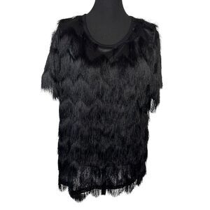 H&M Fringe Top Blouse Womens L Black Short Sleeve Party Evening Flapper Chic New